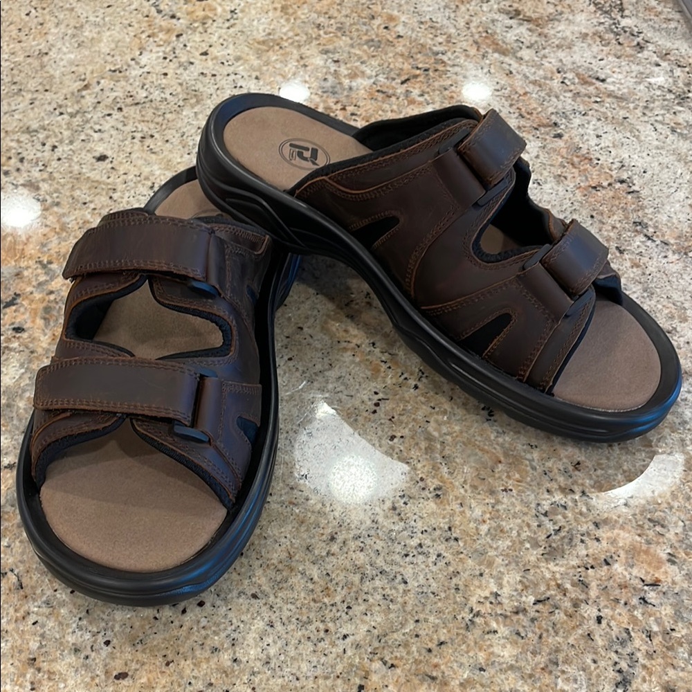 Propet Leather Sandals Mens Slides Adjustable Strap Size 11 X 3E Wide Brown